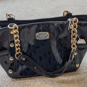 Michael Kors black patent signature tote